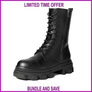 Women's Combat Boots Mid Calf Platform Lace Up Low Heel Chunky Sole